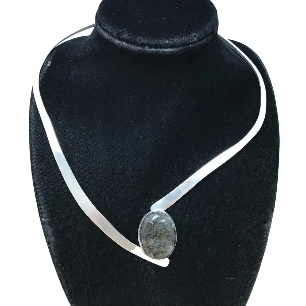 Sterling Silver Modernist Large Labradorite Gemstone Oval Neck Ring Necklace